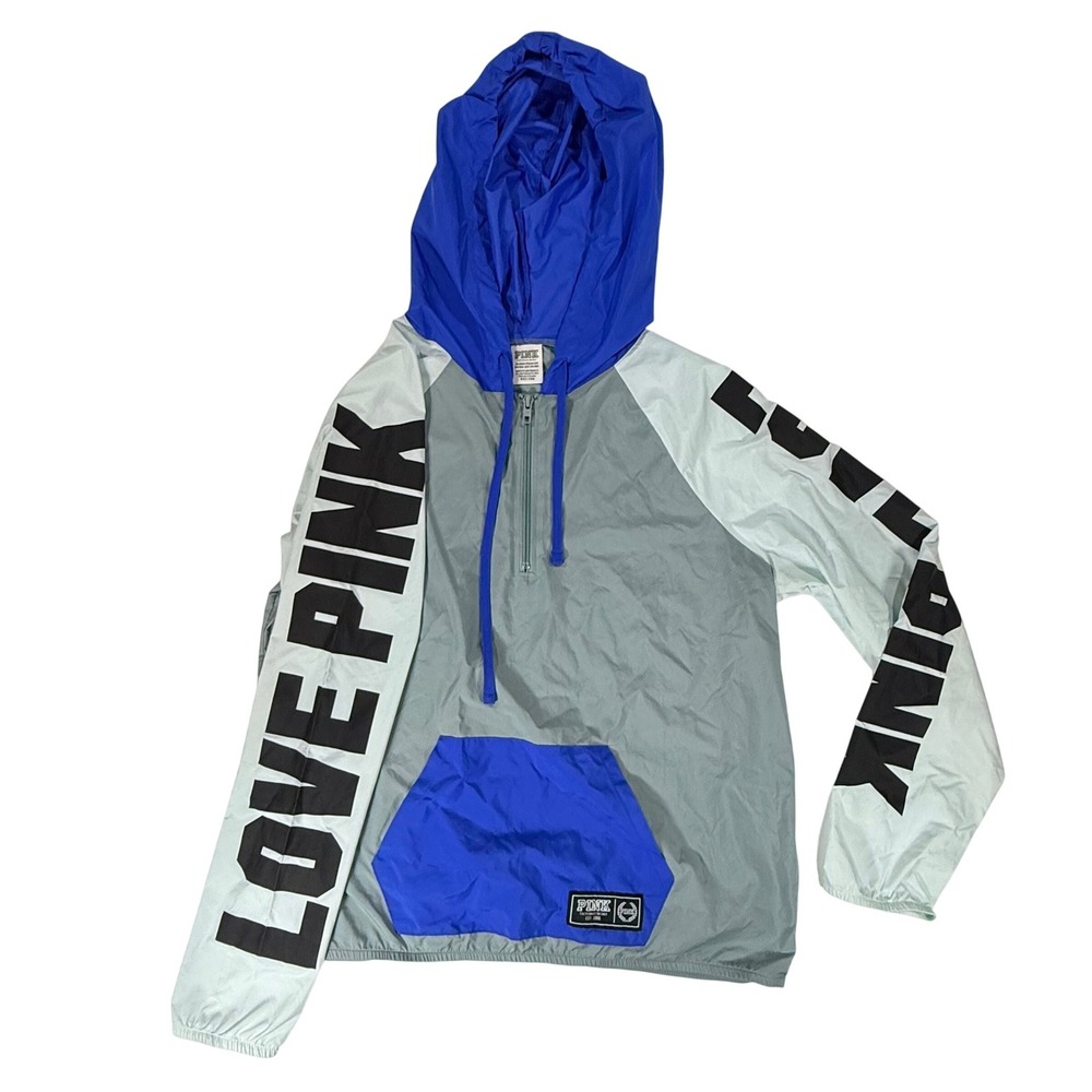 PINK Victoria's Secret Windbreaker Women XS/S Blue Grey Half Zip Hood Pull Over